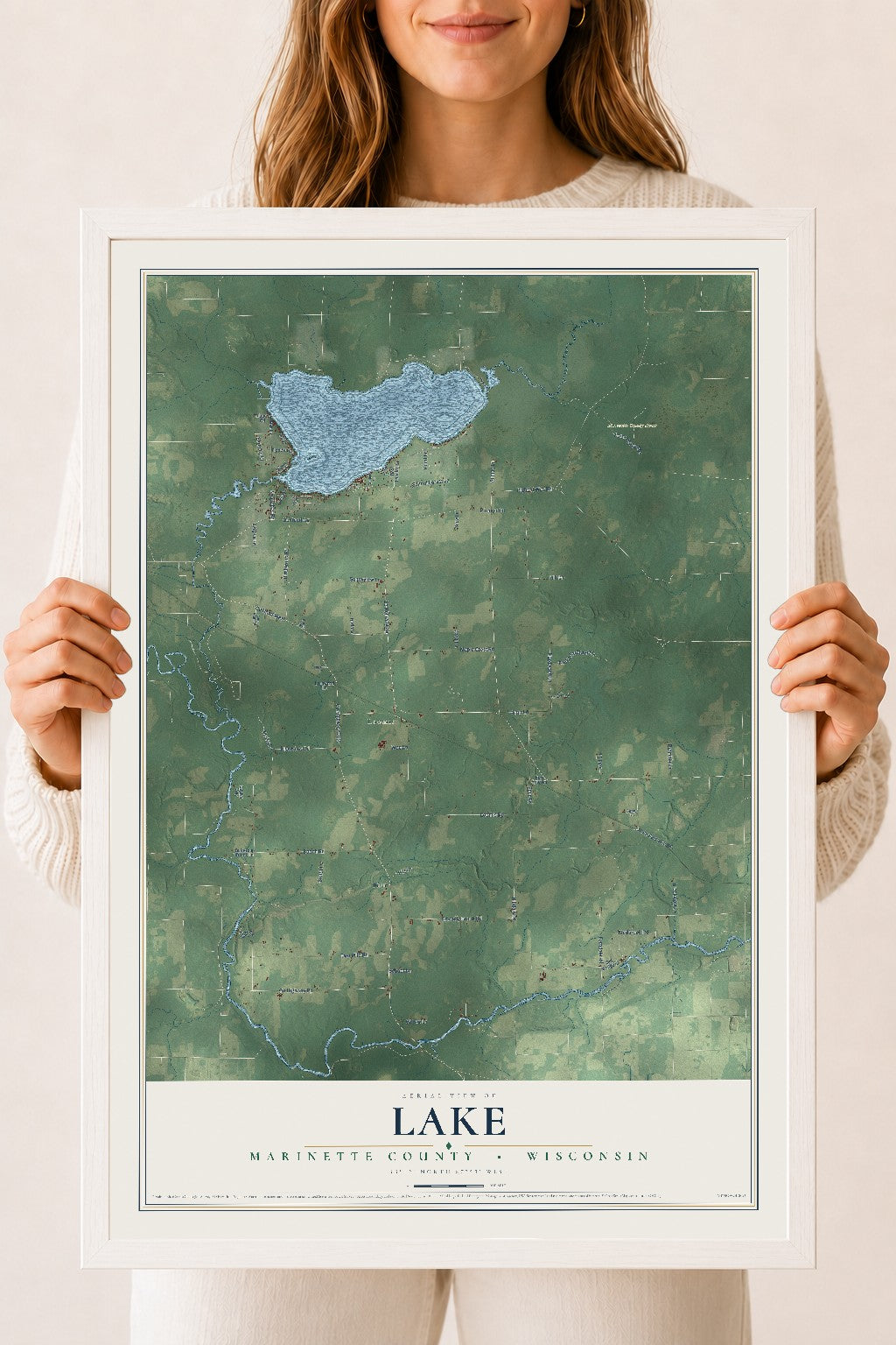 Map of Lake, Marinette County, Wisconsin, 18 x 24 inch print in a white wood frame