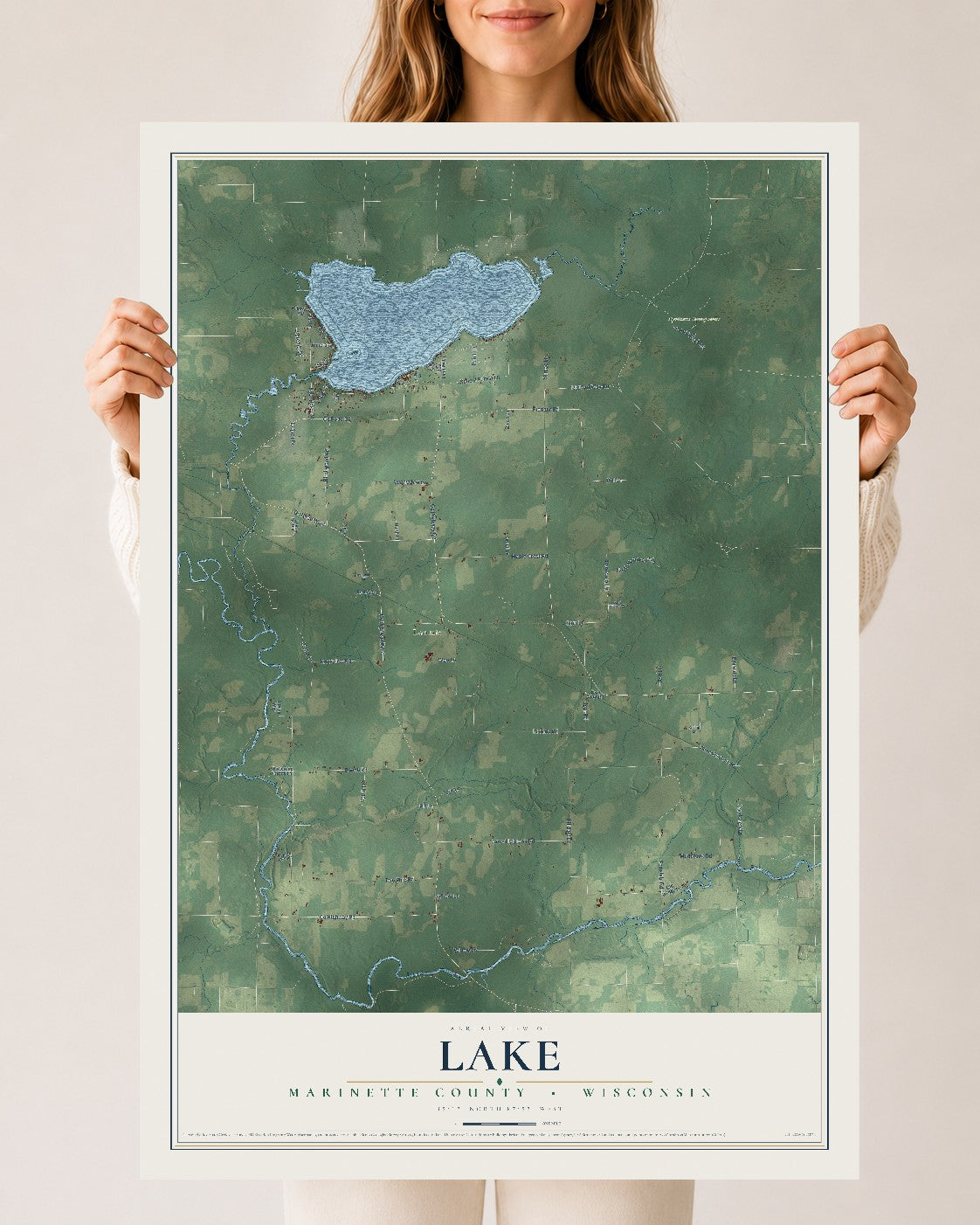 Map of Lake, Marinette County, Wisconsin, 24 x 36 inch unframed archival matte print