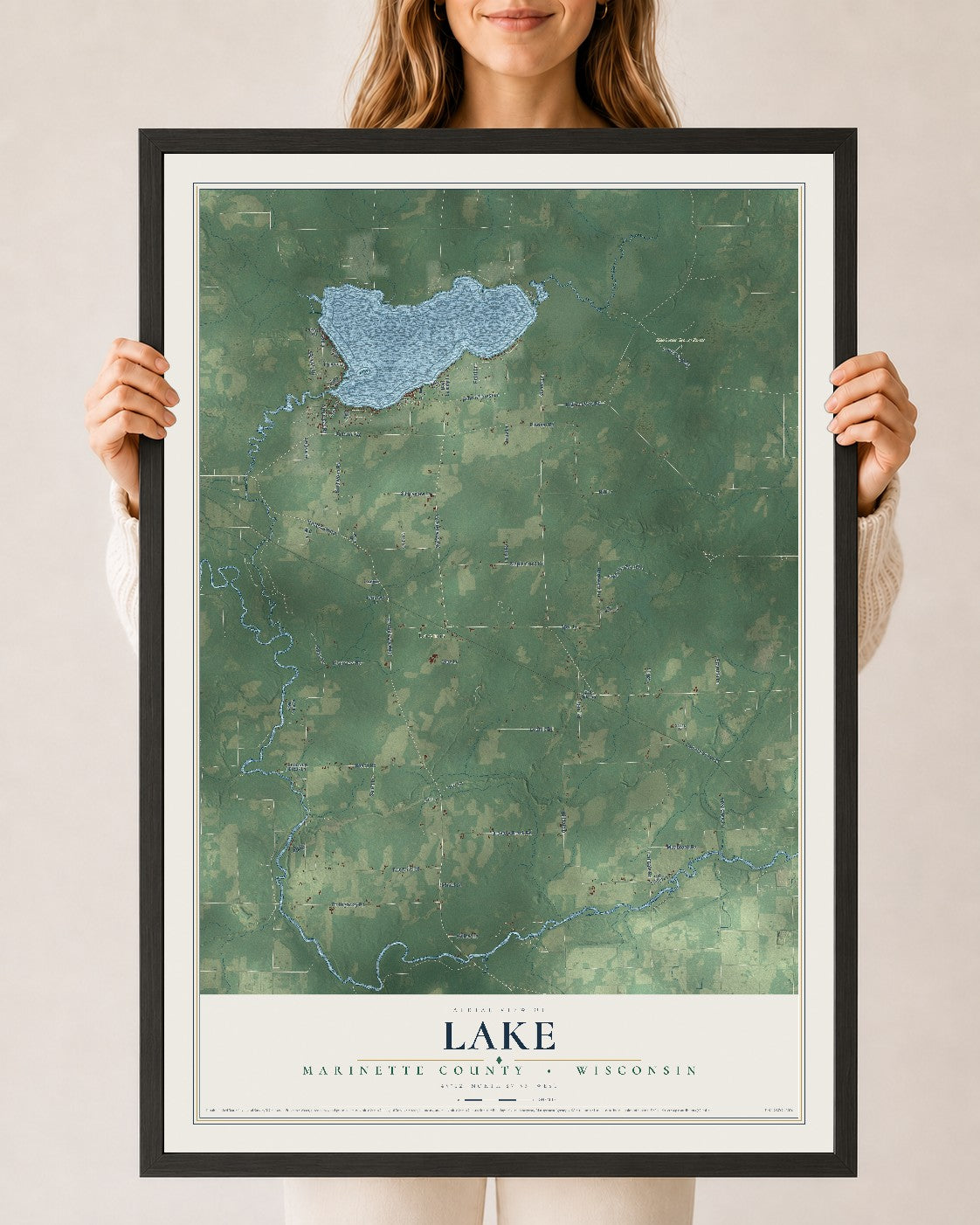 Map of Lake, Marinette County, Wisconsin, 24 x 36 inch print in a black wood frame