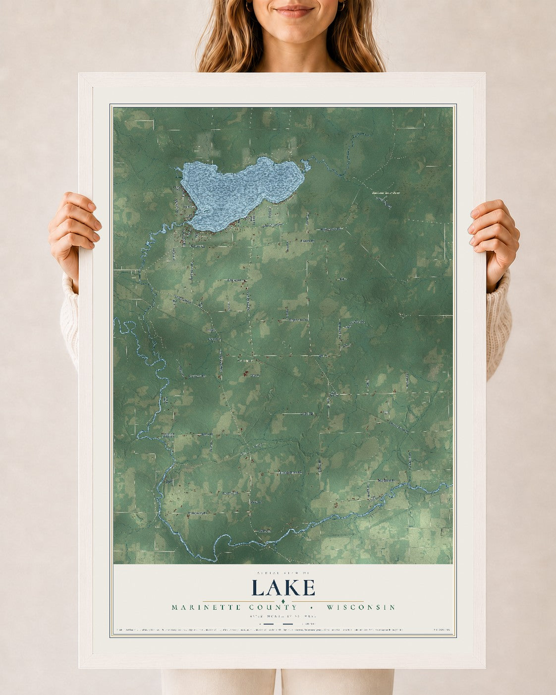 Map of Lake, Marinette County, Wisconsin, 24 x 36 inch print in a white wood frame