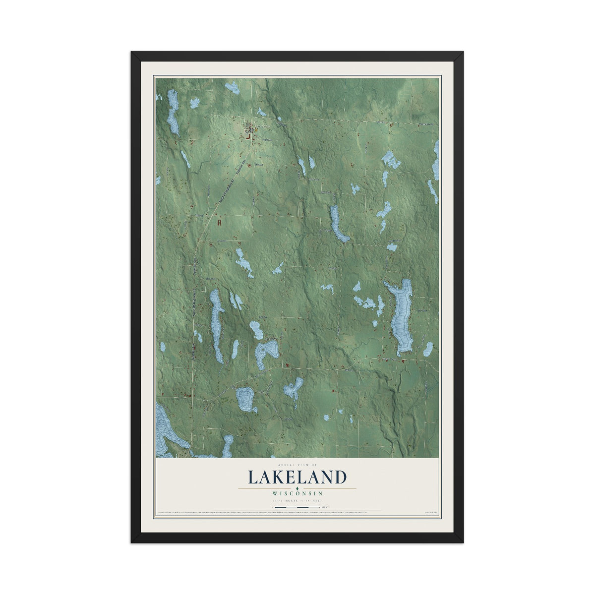 Map of Lakeland, Wisconsin, 12 x 18 inch print in a black wood frame