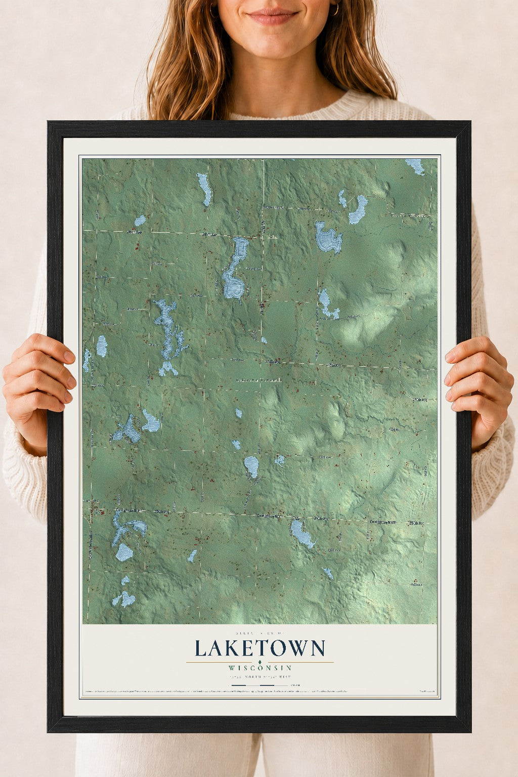 Map of Laketown, Wisconsin, 18 x 24 inch print in a black wood frame