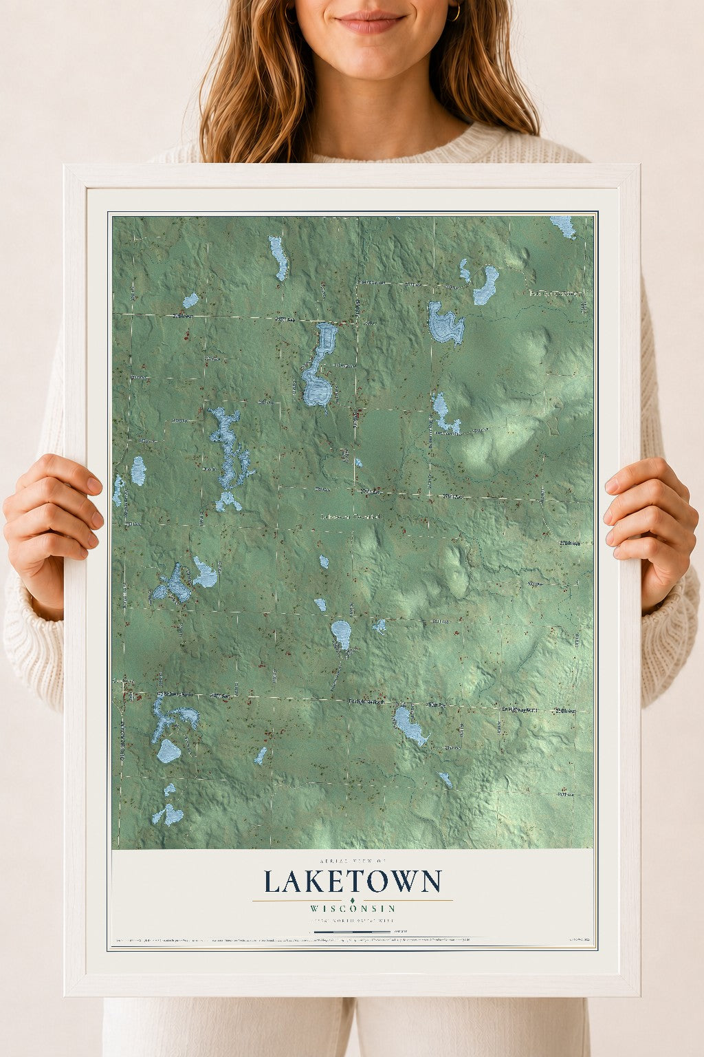 Map of Laketown, Wisconsin, 18 x 24 inch print in a white wood frame
