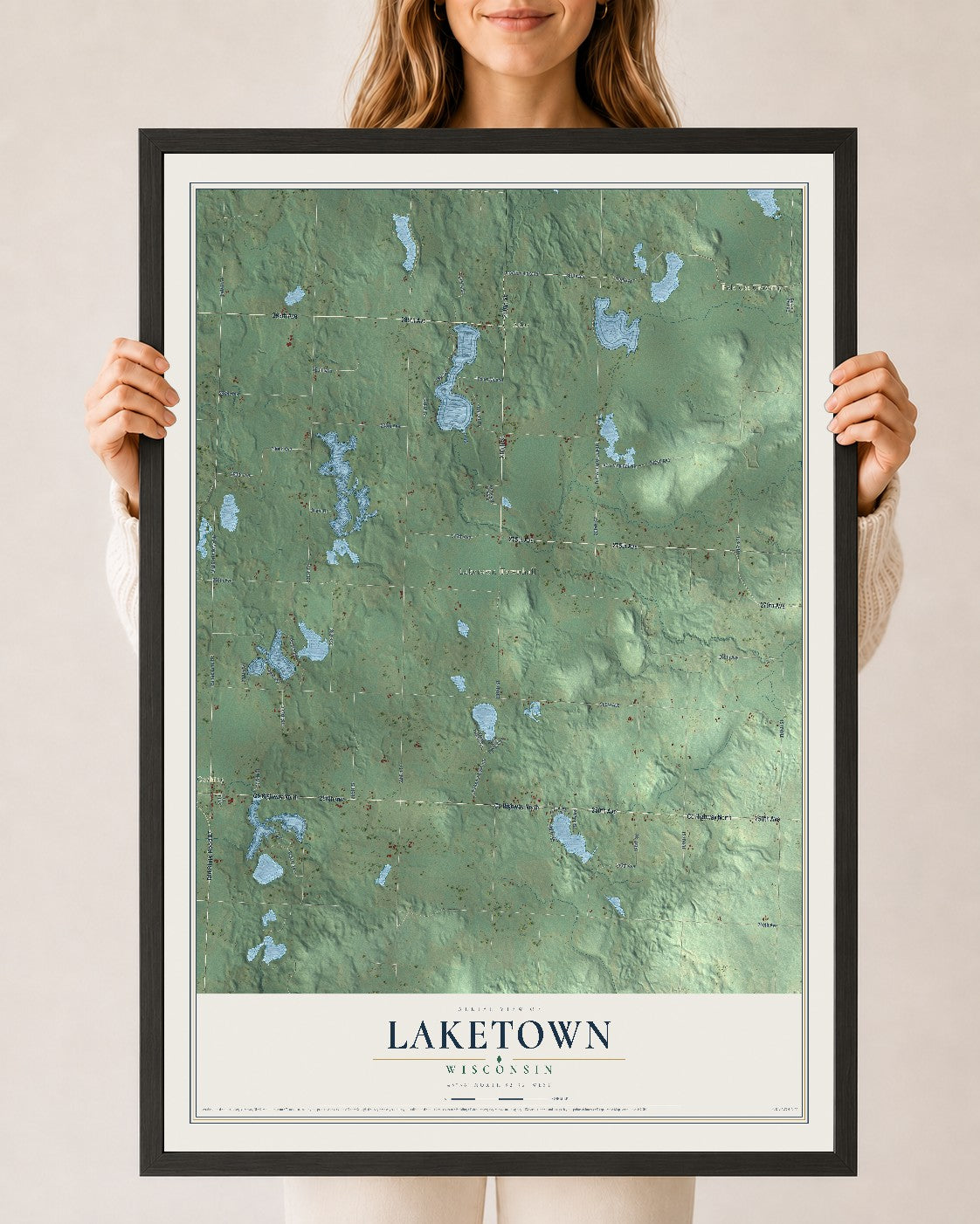 Map of Laketown, Wisconsin, 24 x 36 inch print in a black wood frame