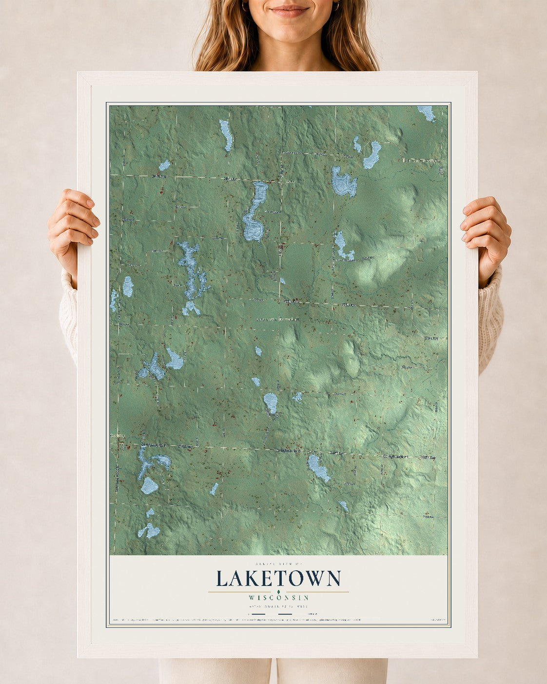 Map of Laketown, Wisconsin, 24 x 36 inch print in a white wood frame