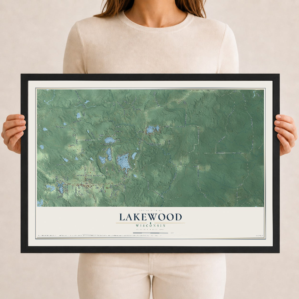 Map of Lakewood, Wisconsin, 12 x 18 inch print in a black wood frame