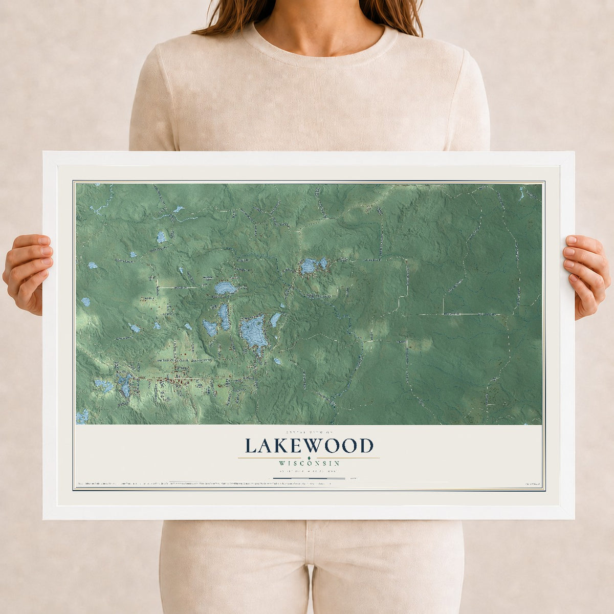 Map of Lakewood, Wisconsin, 12 x 18 inch print in a white wood frame