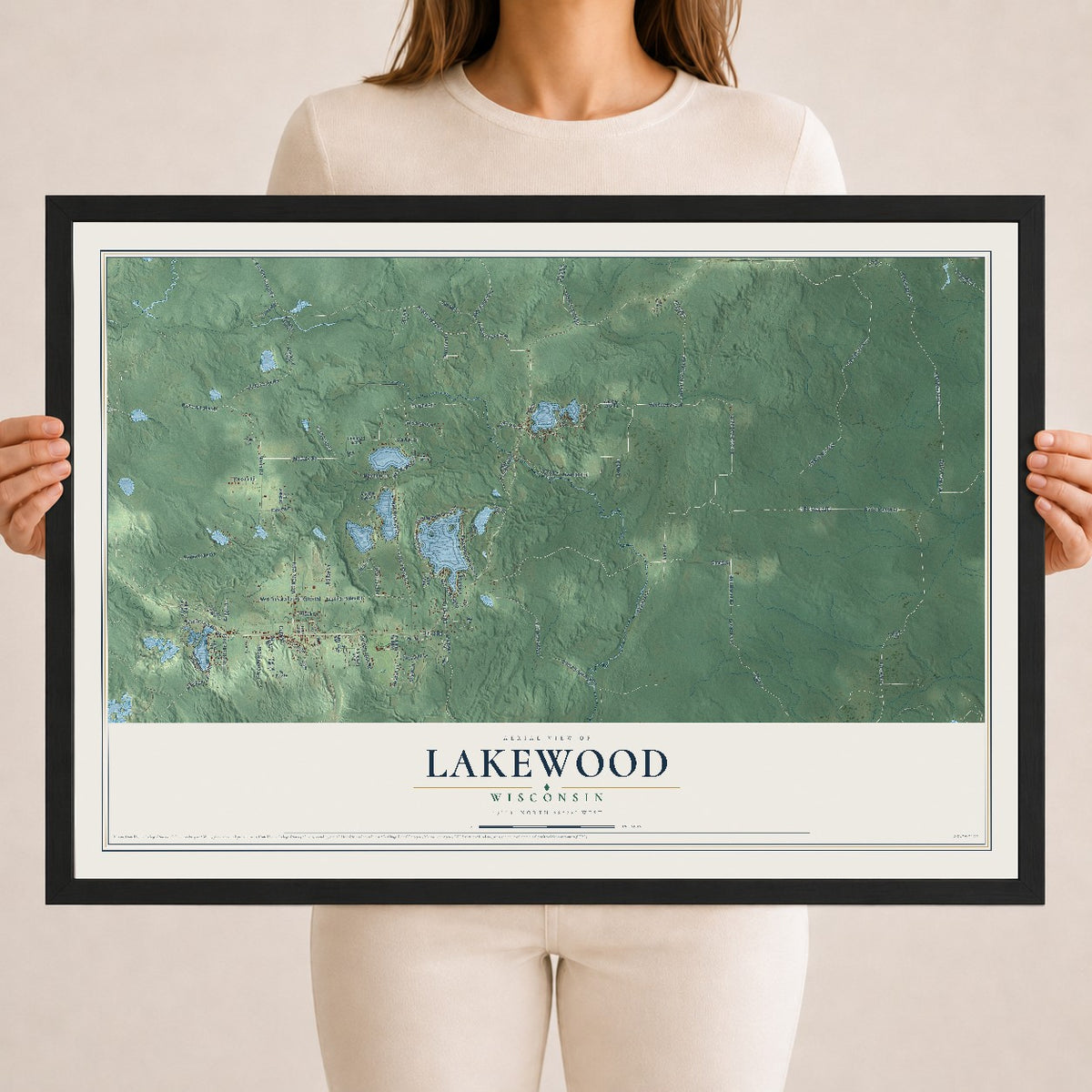 Map of Lakewood, Wisconsin, 18 x 24 inch print in a black wood frame