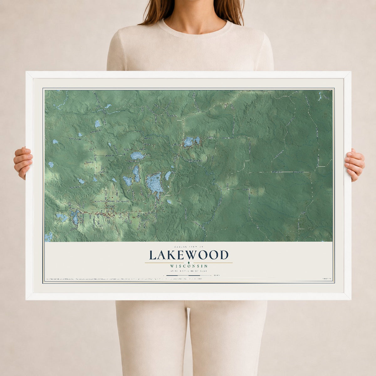 Map of Lakewood, Wisconsin, 24 x 36 inch print in a white wood frame