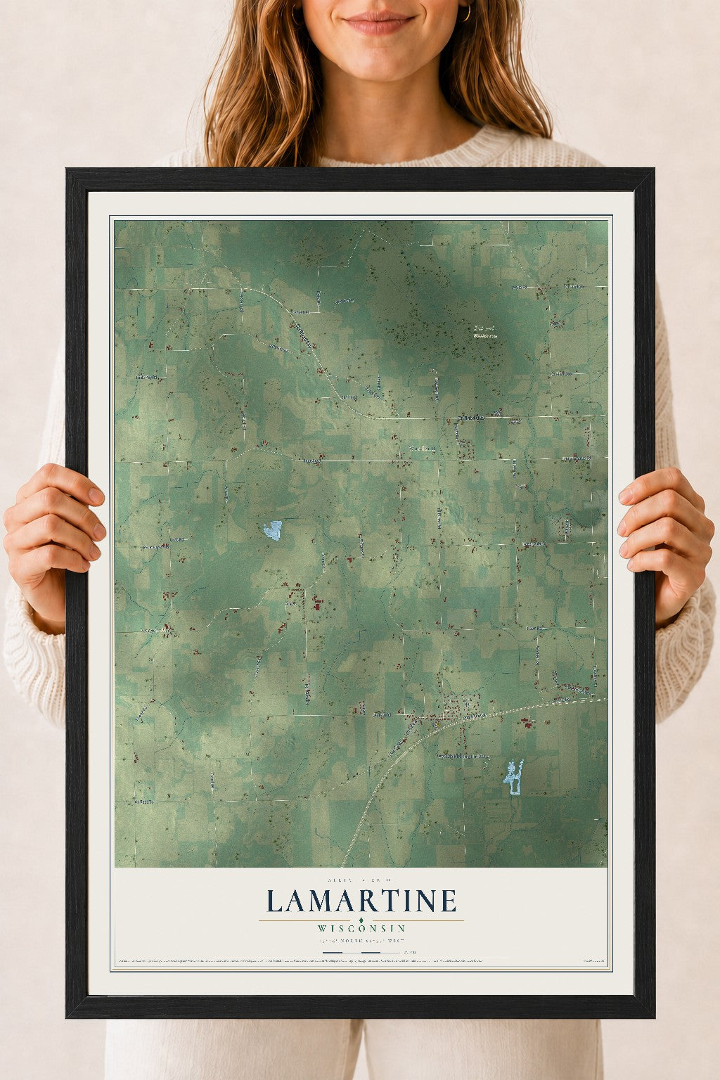 Map of Lamartine, Wisconsin, 18 x 24 inch print in a black wood frame