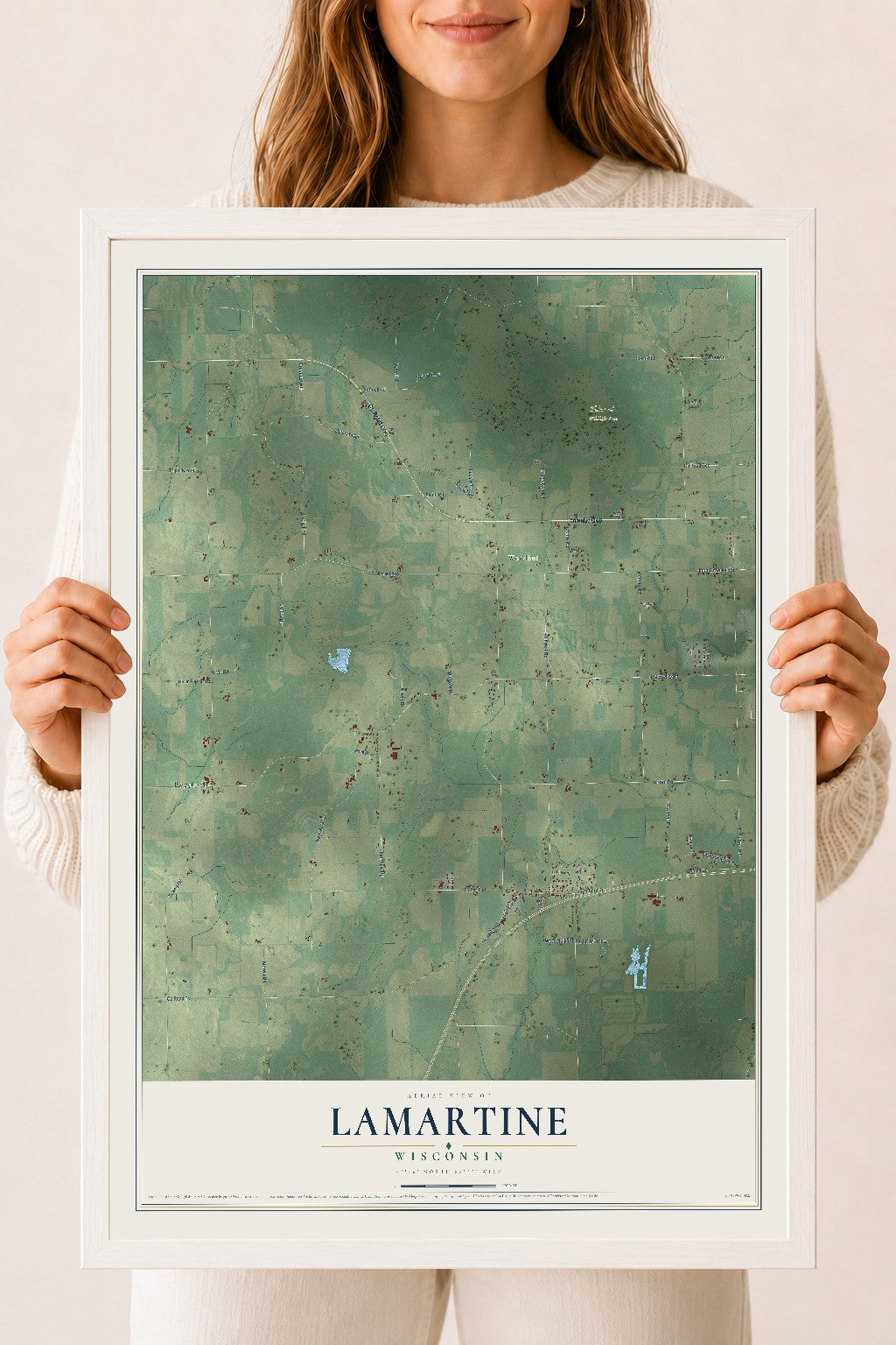 Map of Lamartine, Wisconsin, 18 x 24 inch print in a white wood frame