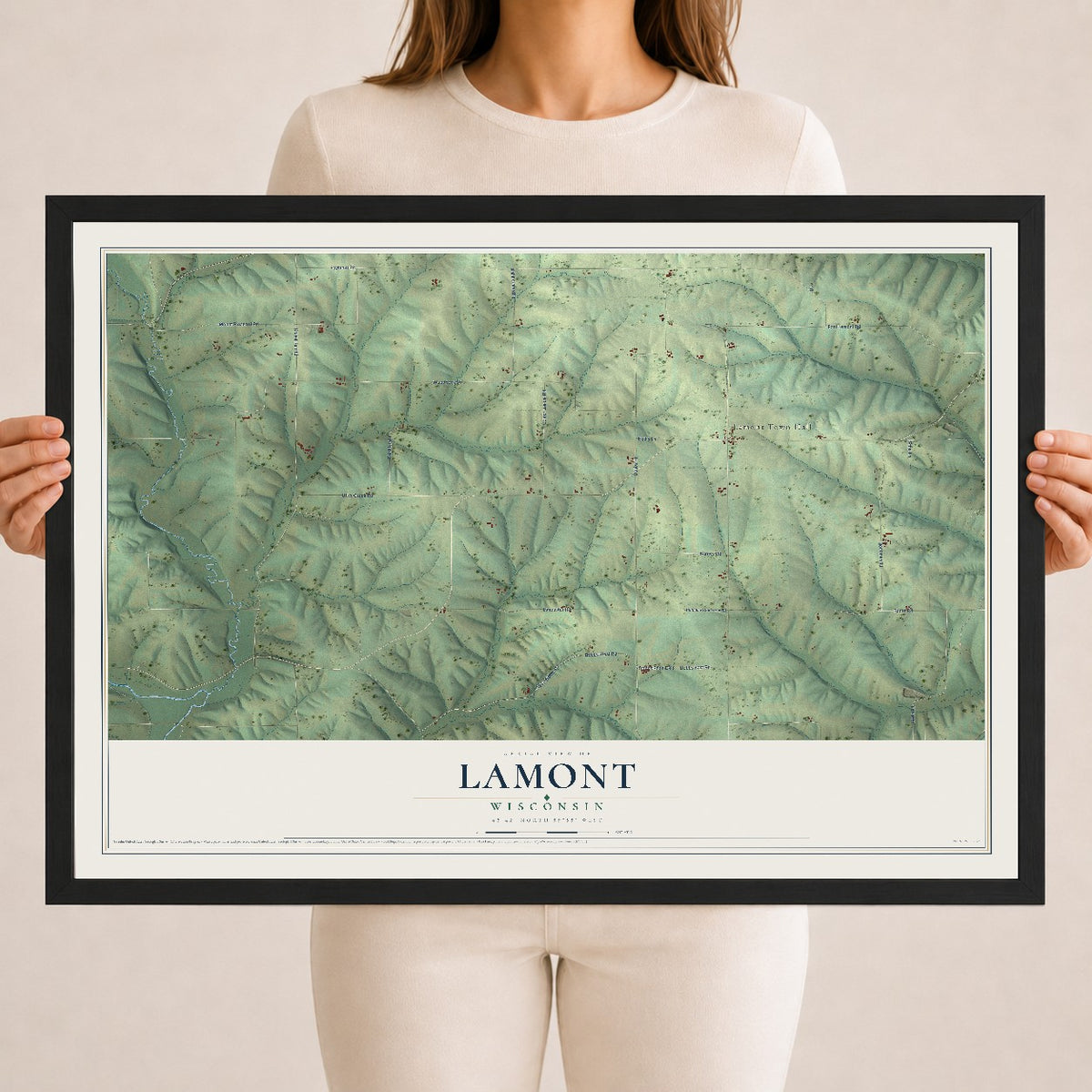 Map of Lamont, Wisconsin, 18 x 24 inch print in a black wood frame