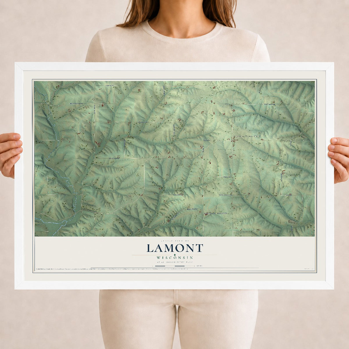 Map of Lamont, Wisconsin, 18 x 24 inch print in a white wood frame
