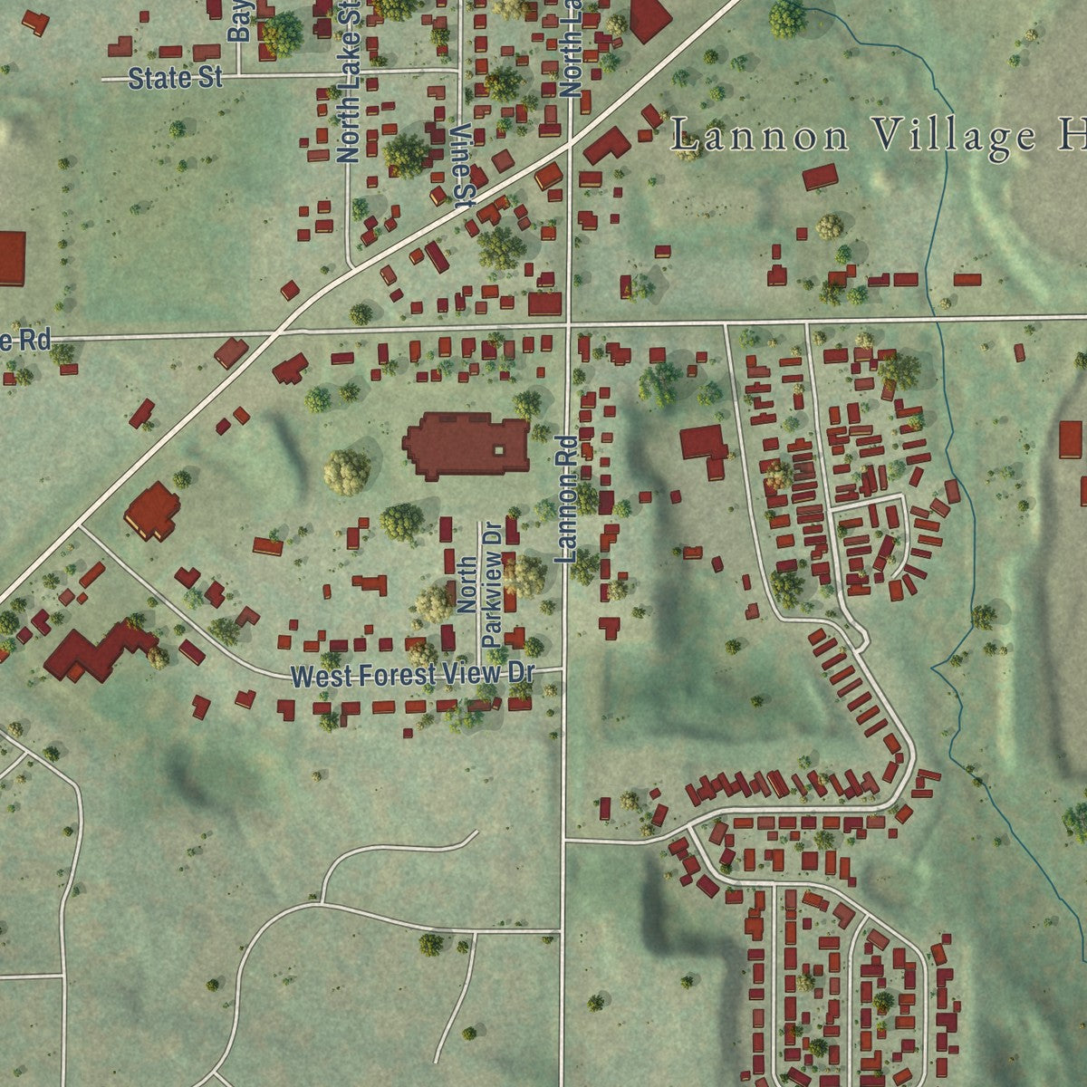 Close-up of the map of Lannon, Wisconsin print showing street and building detail