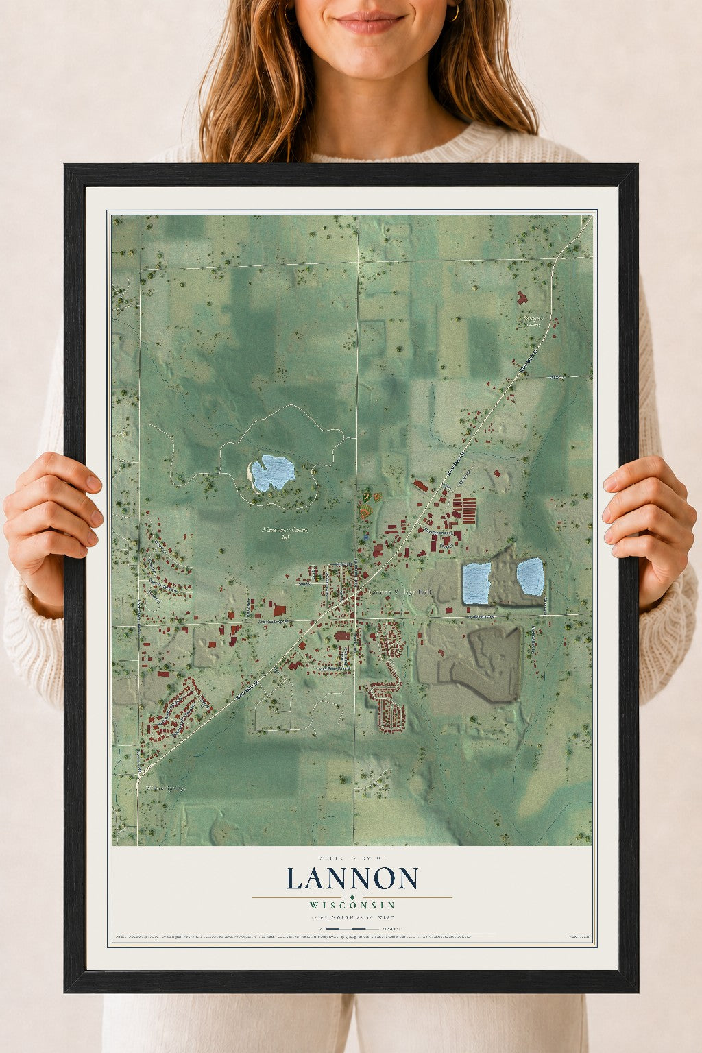 Map of Lannon, Wisconsin, 18 x 24 inch print in a black wood frame