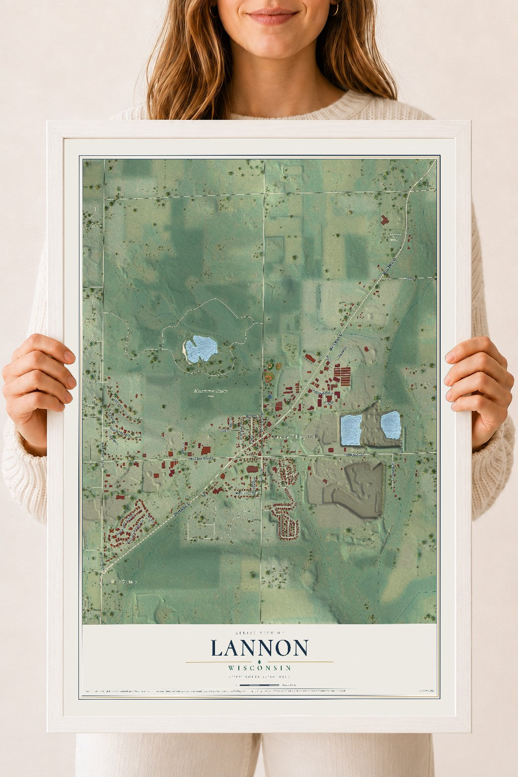 Map of Lannon, Wisconsin, 18 x 24 inch print in a white wood frame