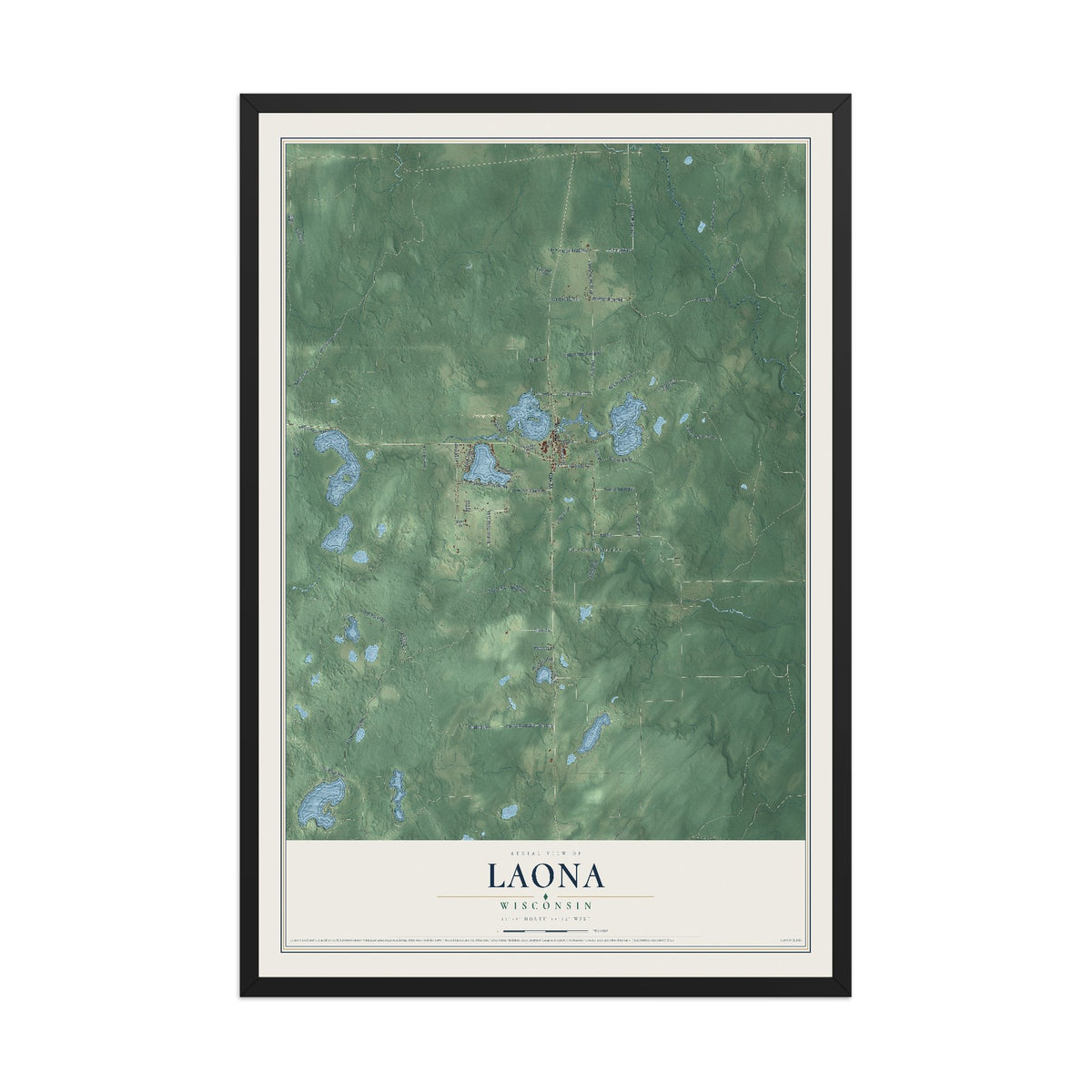 Map of Laona, Wisconsin, 12 x 18 inch print in a black wood frame