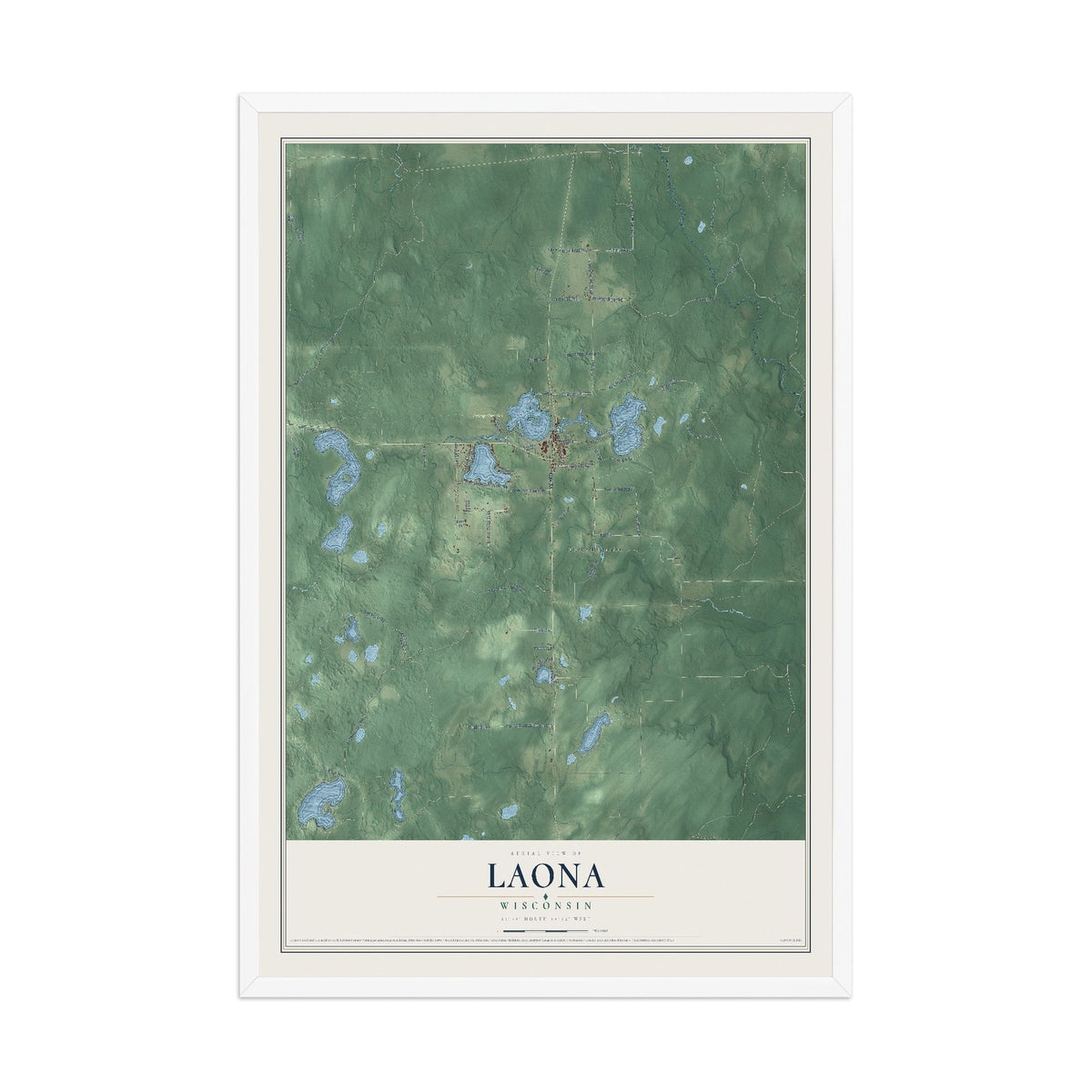 Map of Laona, Wisconsin, 12 x 18 inch print in a white wood frame