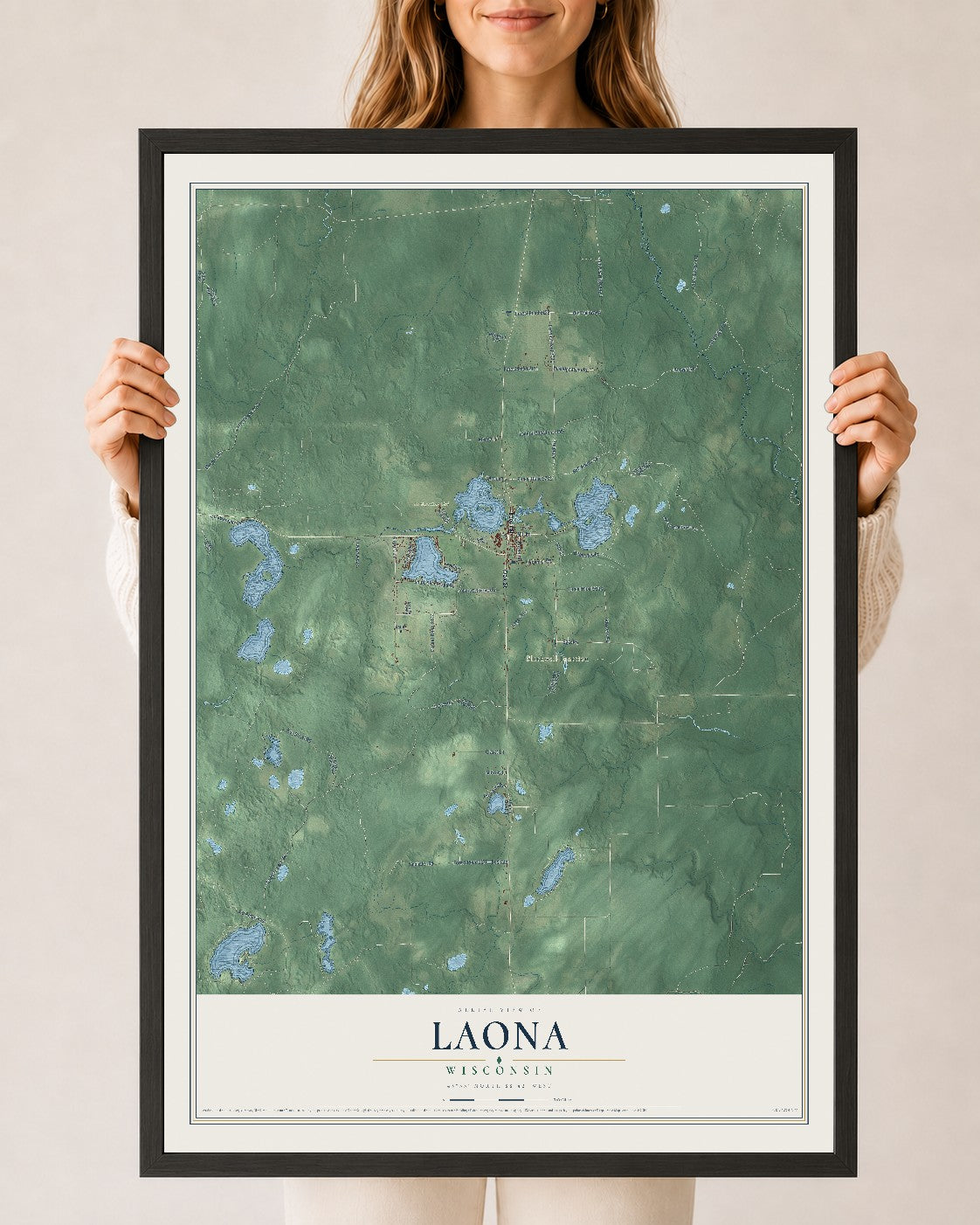 Map of Laona, Wisconsin, 24 x 36 inch print in a black wood frame