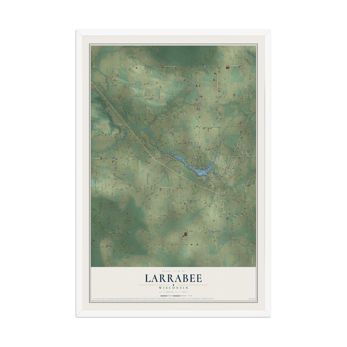 Map of Larrabee, Wisconsin, 12 x 18 inch print in a white wood frame