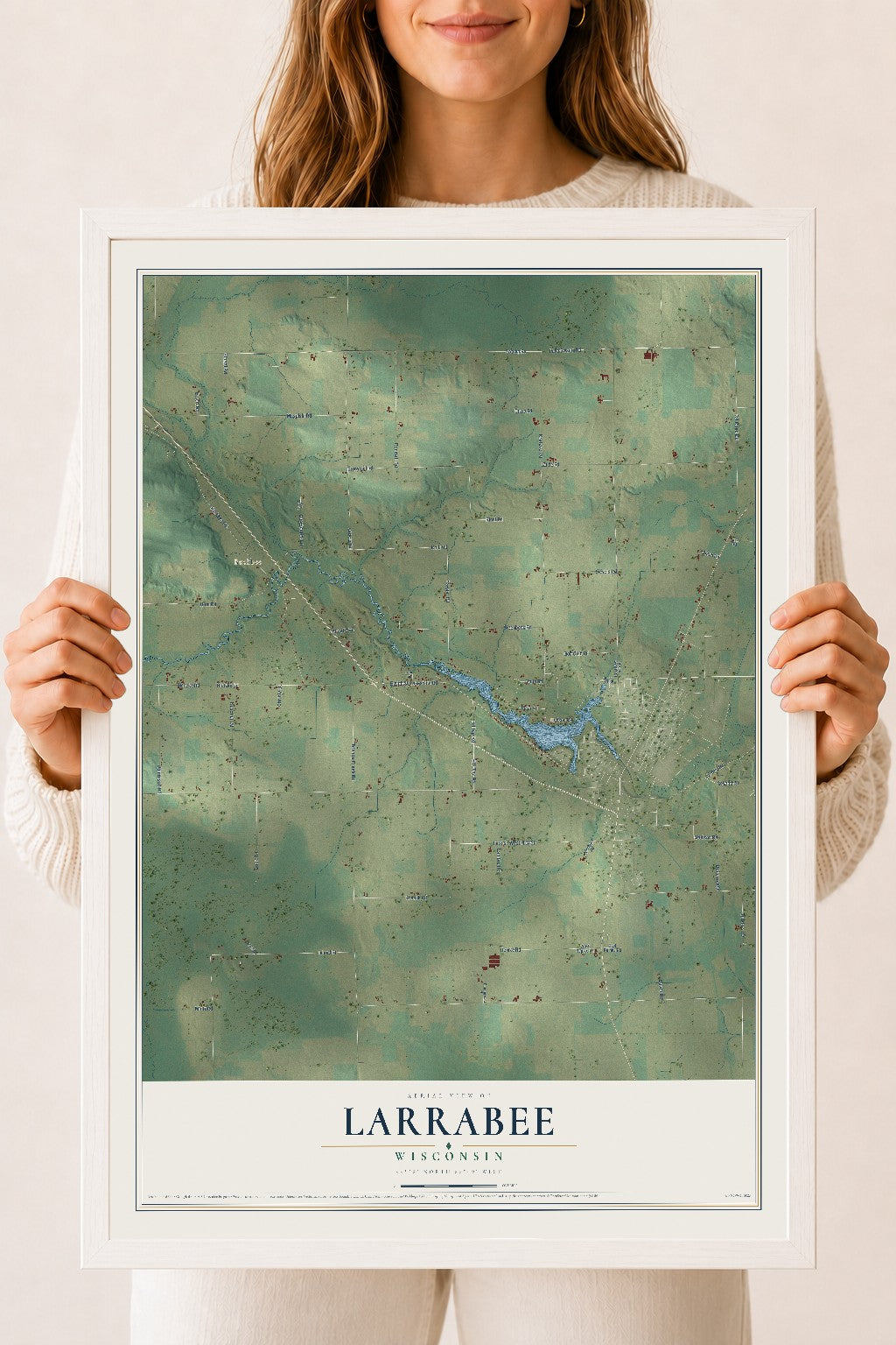 Map of Larrabee, Wisconsin, 18 x 24 inch print in a white wood frame