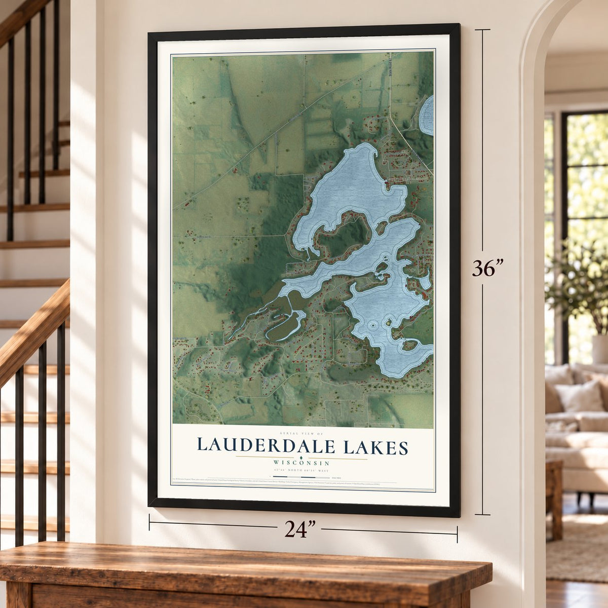 Lauderdale Lakes, Wisconsin map, 24 x 36 inch print in a black frame by a staircase