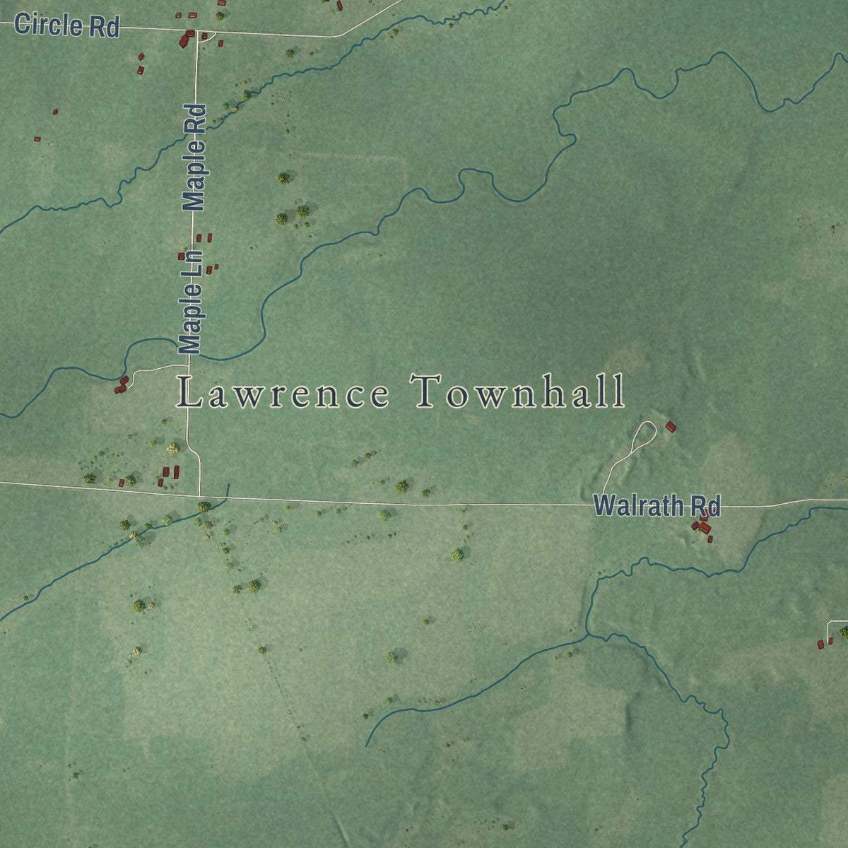 Second close-up of the map of Lawrence, Rusk County, Wisconsin print showing more streets and buildings