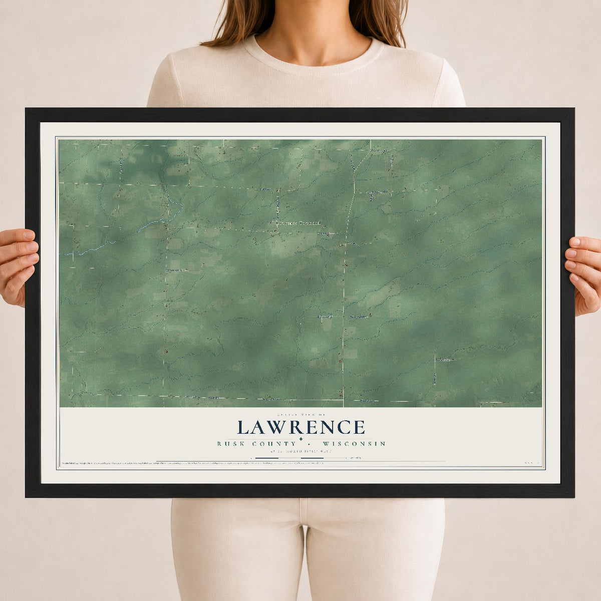 Map of Lawrence, Rusk County, Wisconsin, 18 x 24 inch print in a black wood frame