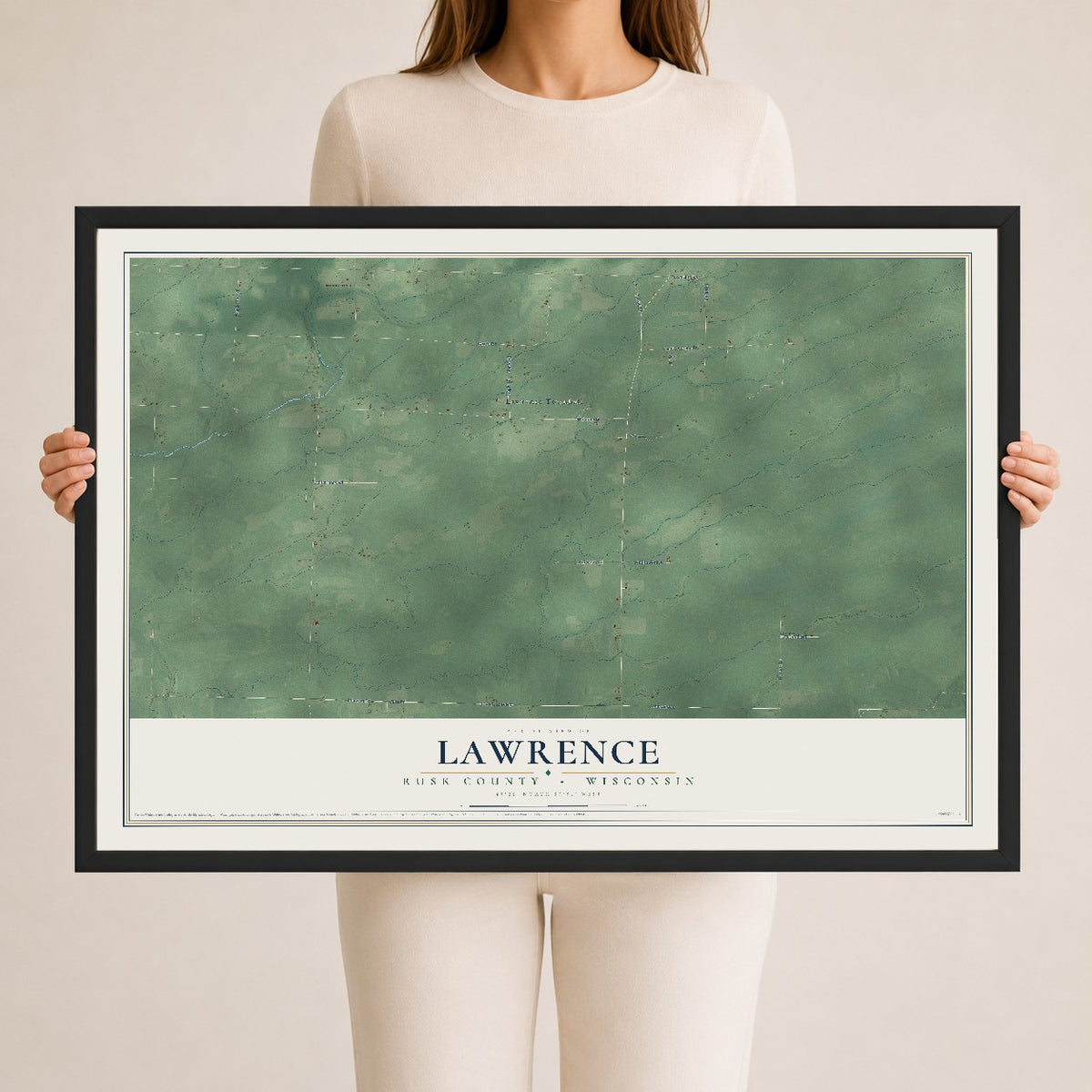Map of Lawrence, Rusk County, Wisconsin, 24 x 36 inch print in a black wood frame