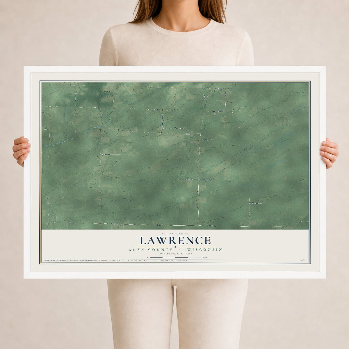 Map of Lawrence, Rusk County, Wisconsin, 24 x 36 inch print in a white wood frame