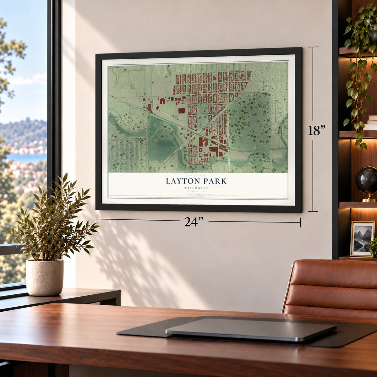 Layton Park, Wisconsin map, 18 x 24 inch print in a black frame in a home office