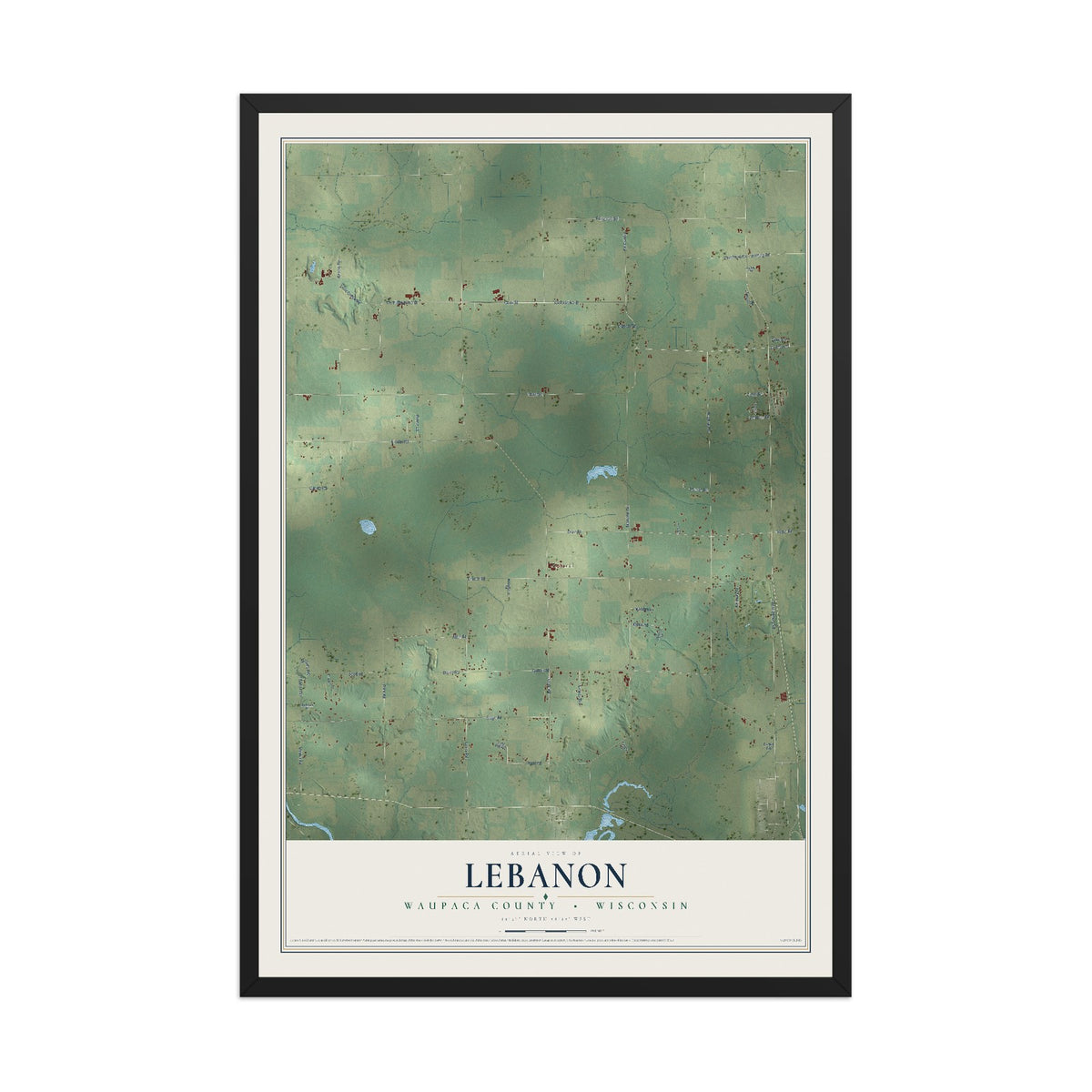 Map of Lebanon, Waupaca County, Wisconsin, 12 x 18 inch print in a black wood frame