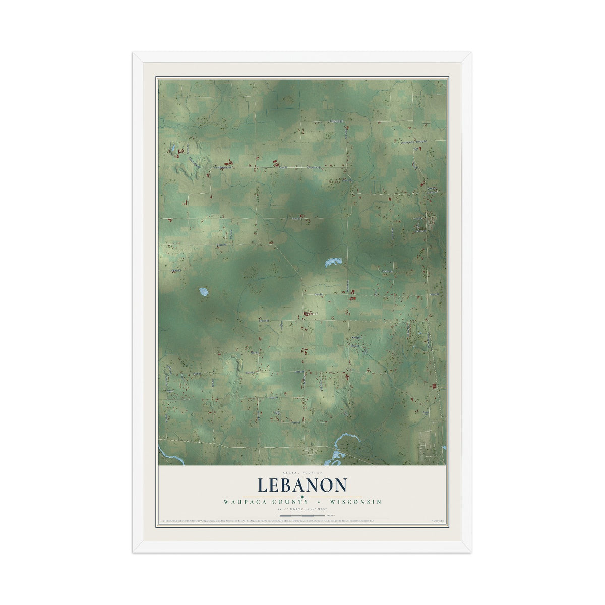 Map of Lebanon, Waupaca County, Wisconsin, 12 x 18 inch print in a white wood frame