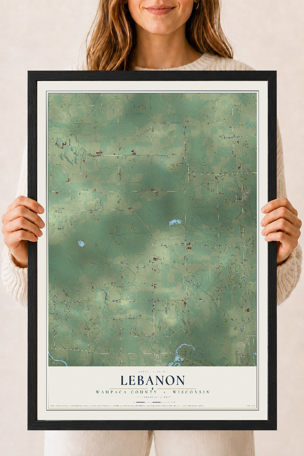Map of Lebanon, Waupaca County, Wisconsin, 18 x 24 inch print in a black wood frame