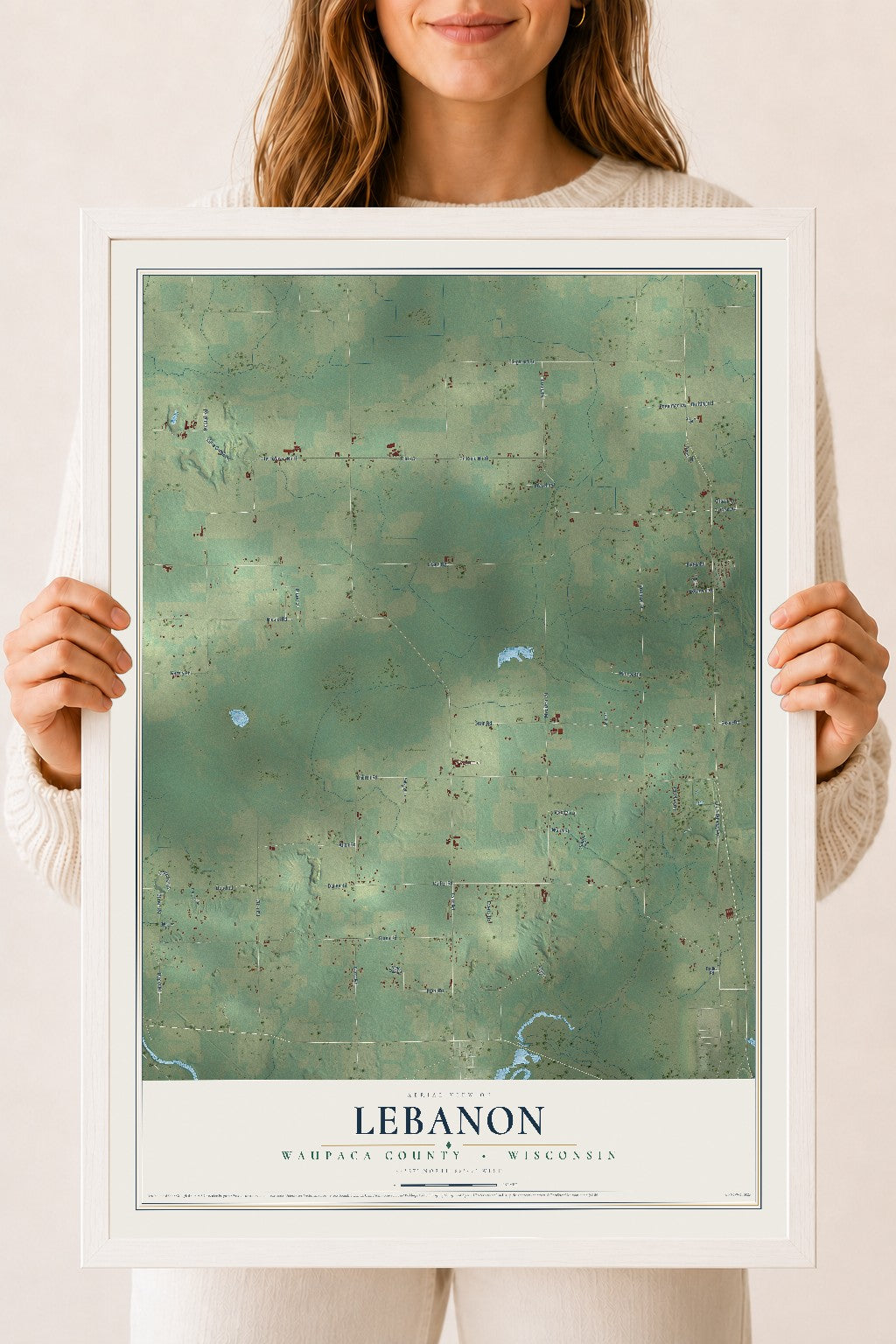 Map of Lebanon, Waupaca County, Wisconsin, 18 x 24 inch print in a white wood frame