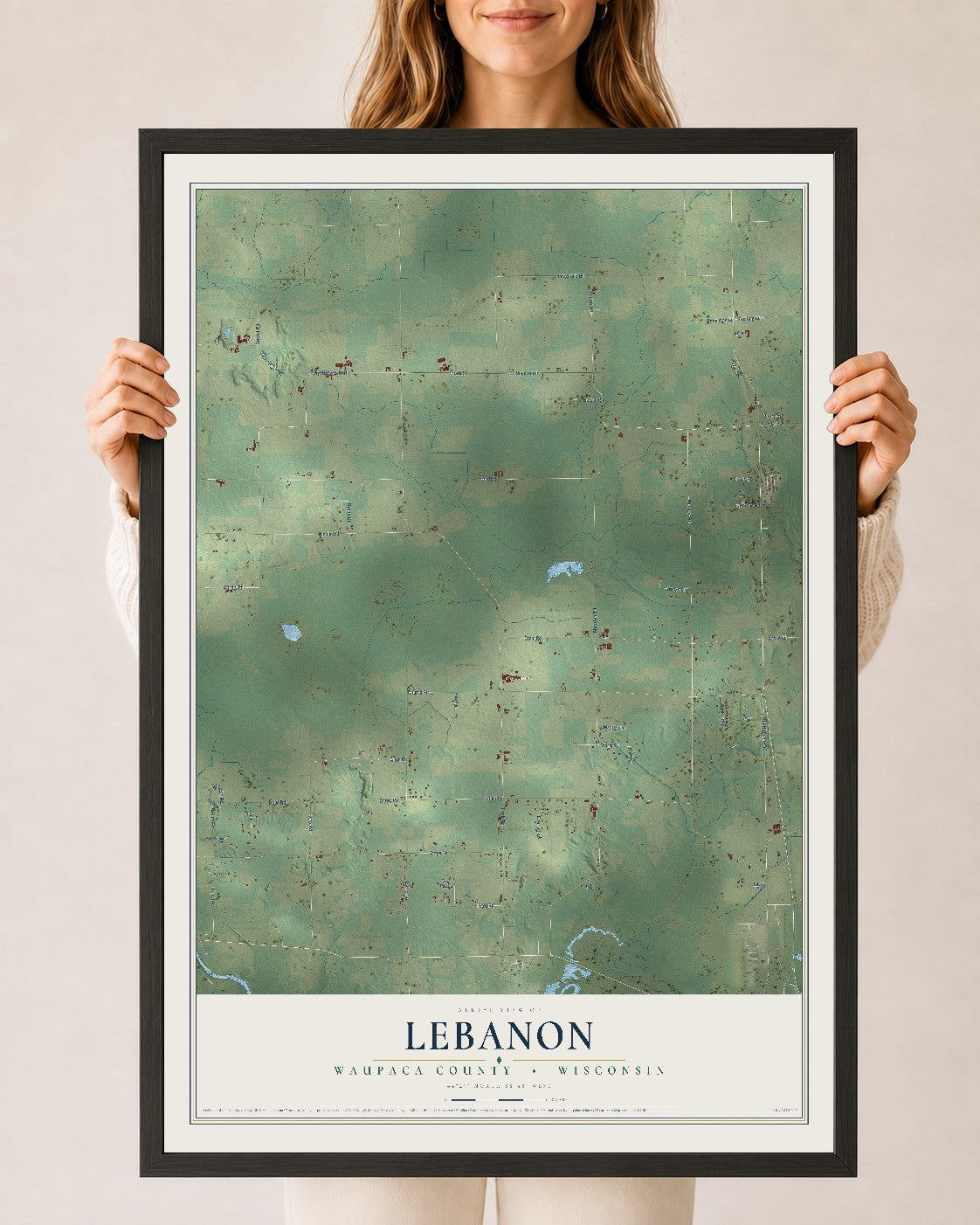 Map of Lebanon, Waupaca County, Wisconsin, 24 x 36 inch print in a black wood frame