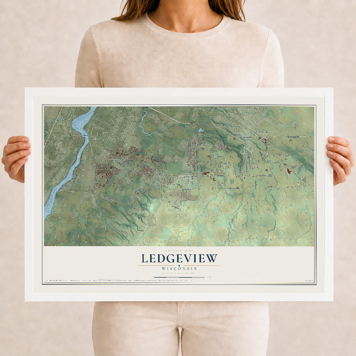 Map of Ledgeview, Wisconsin, 12 x 18 inch print in a white wood frame