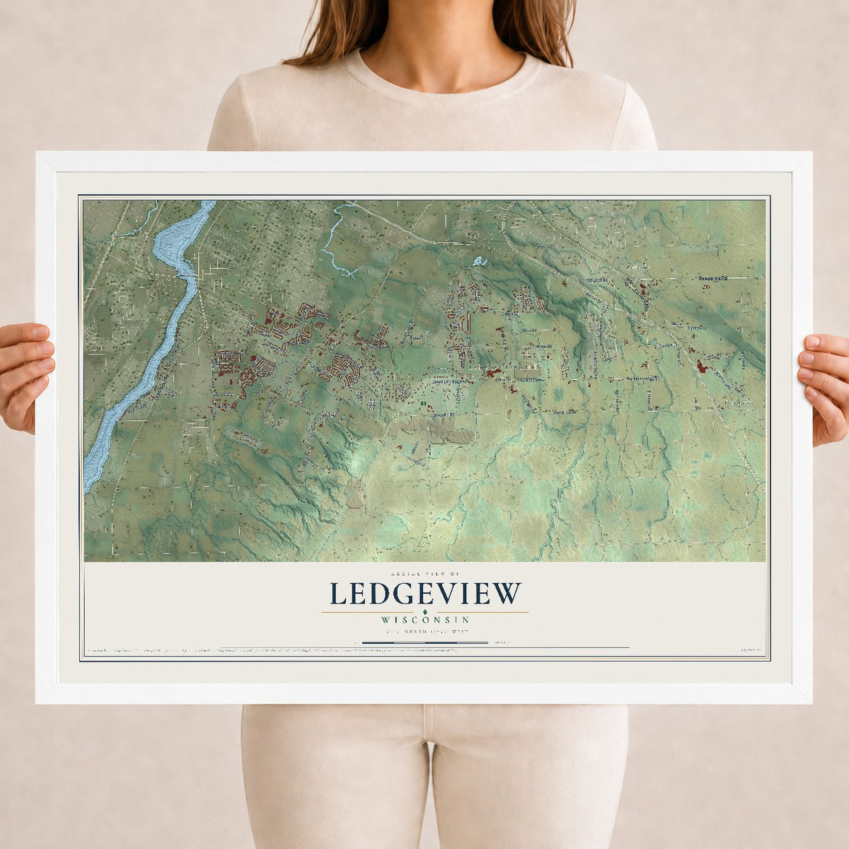 Map of Ledgeview, Wisconsin, 18 x 24 inch print in a white wood frame