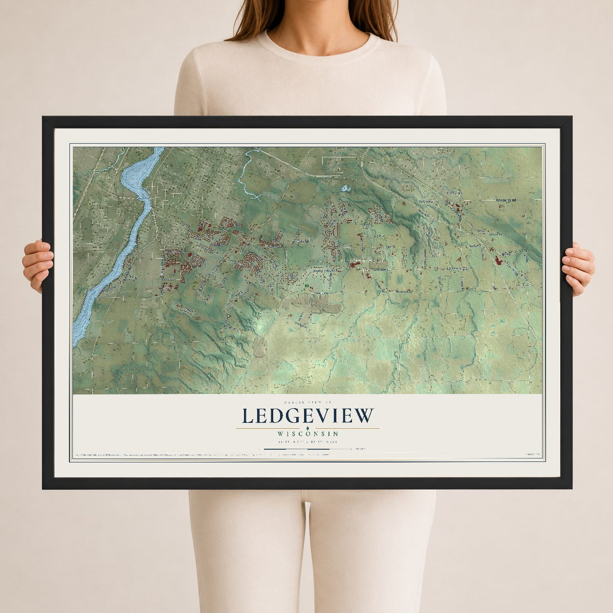 Map of Ledgeview, Wisconsin, 24 x 36 inch print in a black wood frame