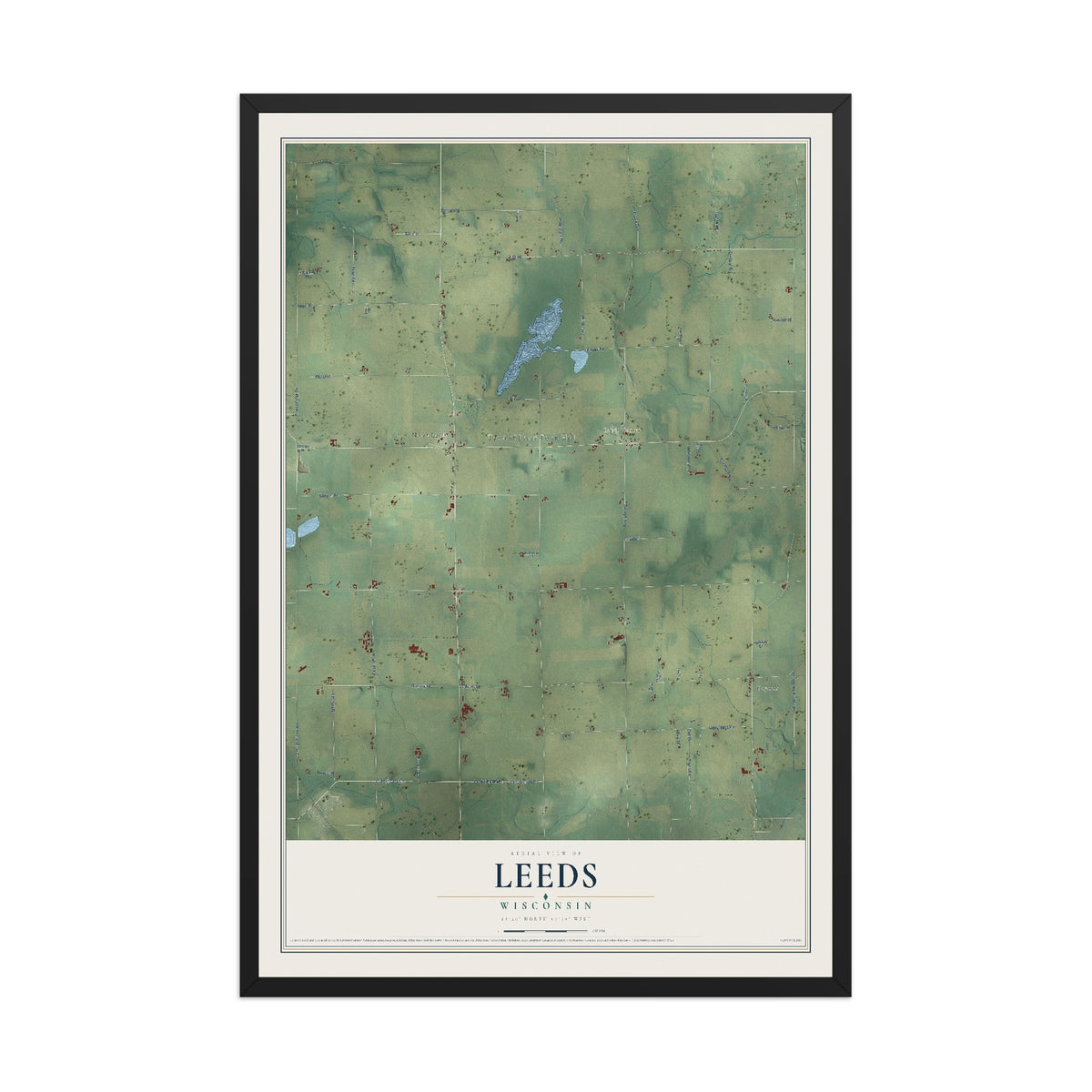 Map of Leeds, Wisconsin, 12 x 18 inch print in a black wood frame