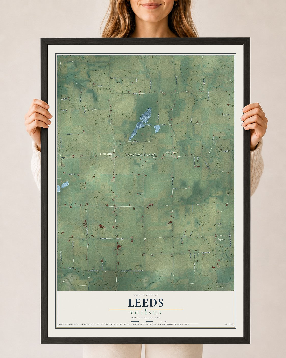 Map of Leeds, Wisconsin, 24 x 36 inch print in a black wood frame