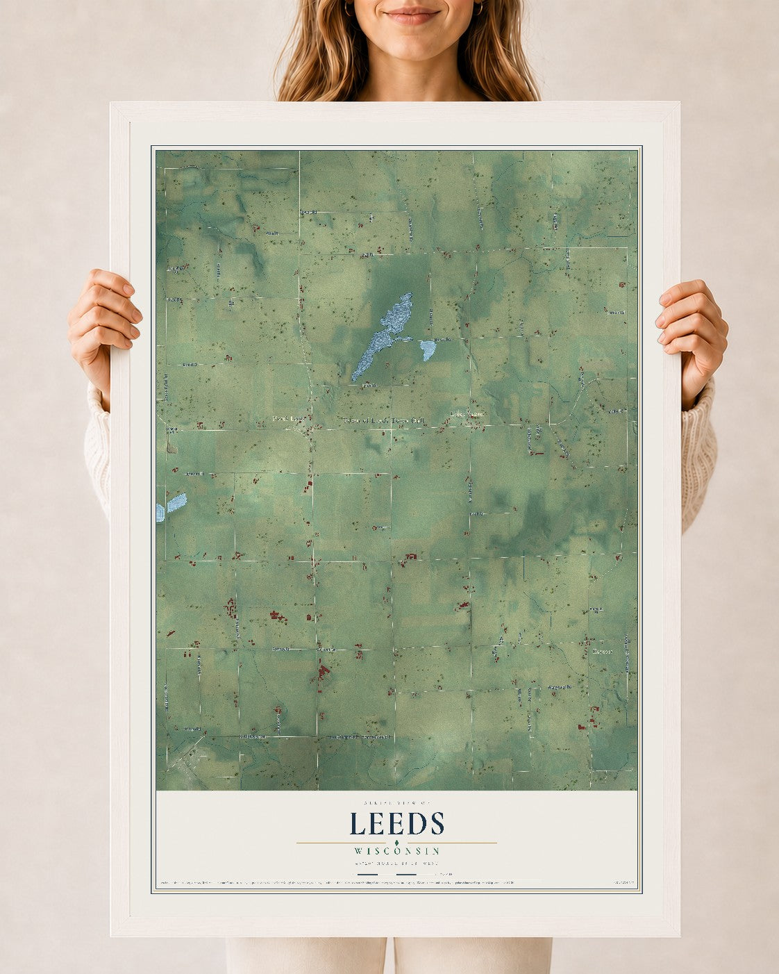 Map of Leeds, Wisconsin, 24 x 36 inch print in a white wood frame