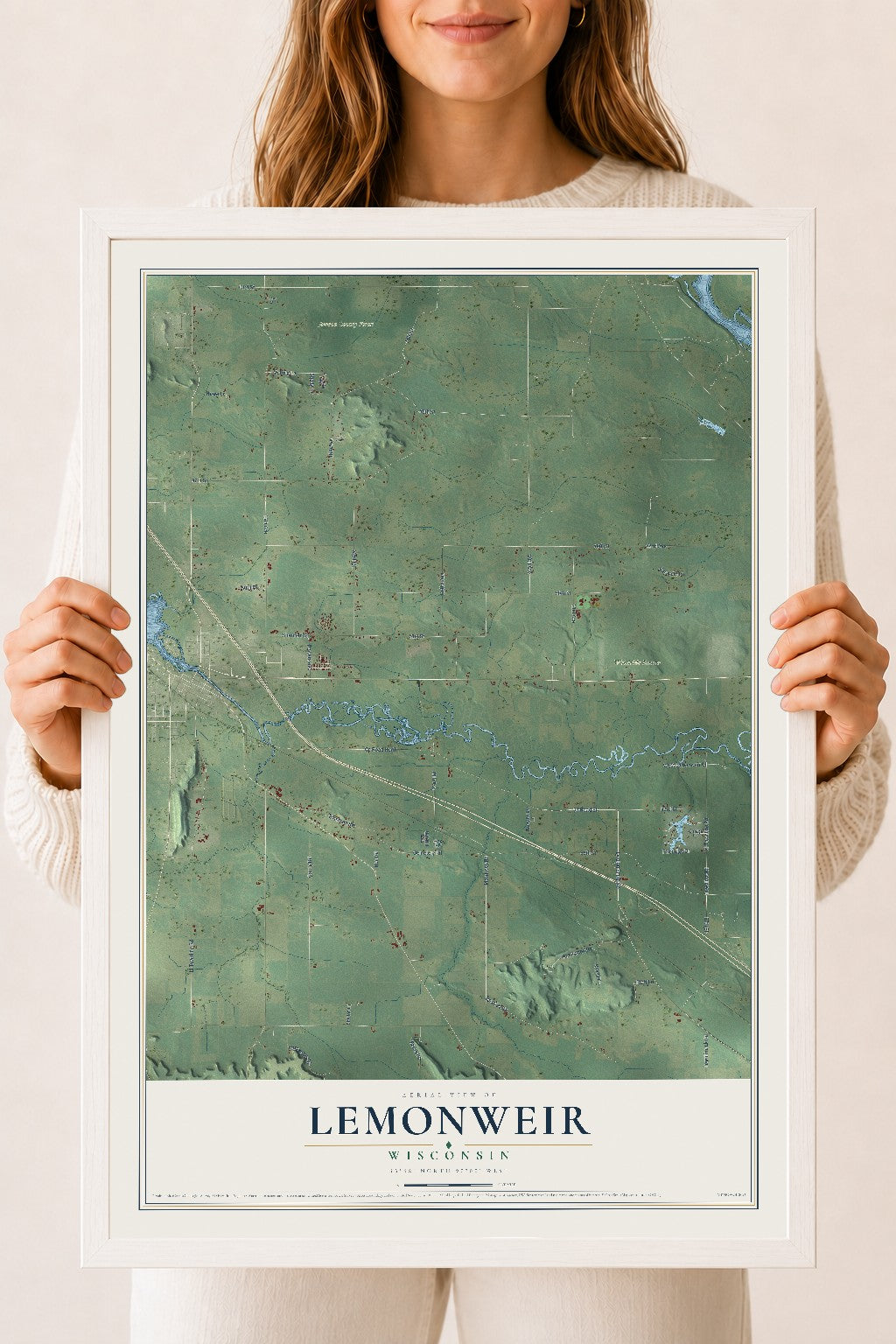 Map of Lemonweir, Wisconsin, 18 x 24 inch print in a white wood frame