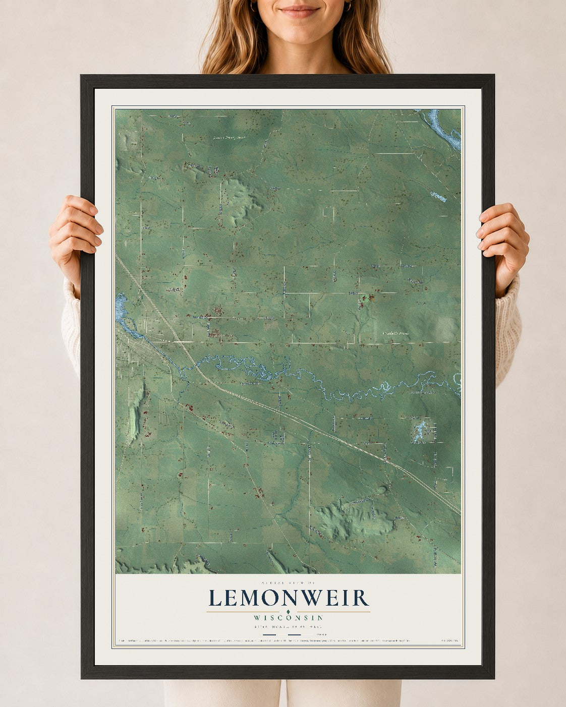 Map of Lemonweir, Wisconsin, 24 x 36 inch print in a black wood frame