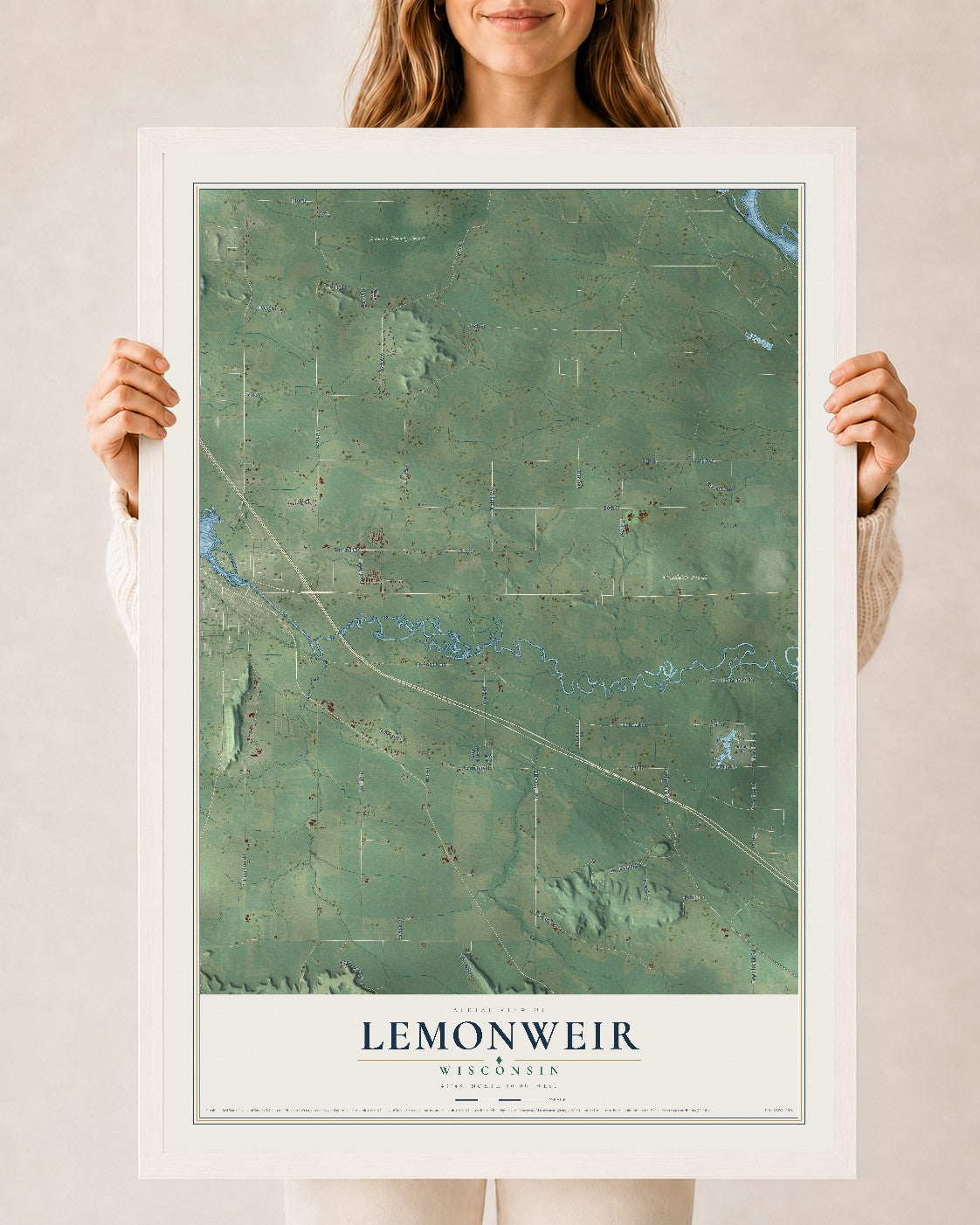 Map of Lemonweir, Wisconsin, 24 x 36 inch print in a white wood frame