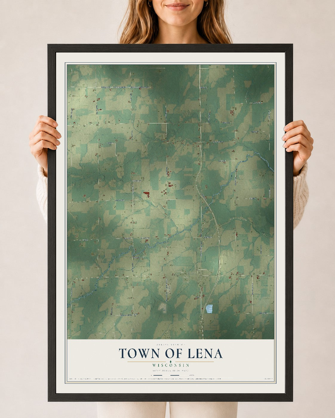 Map of the Town of Lena, Wisconsin, 24 x 36 inch print in a black wood frame