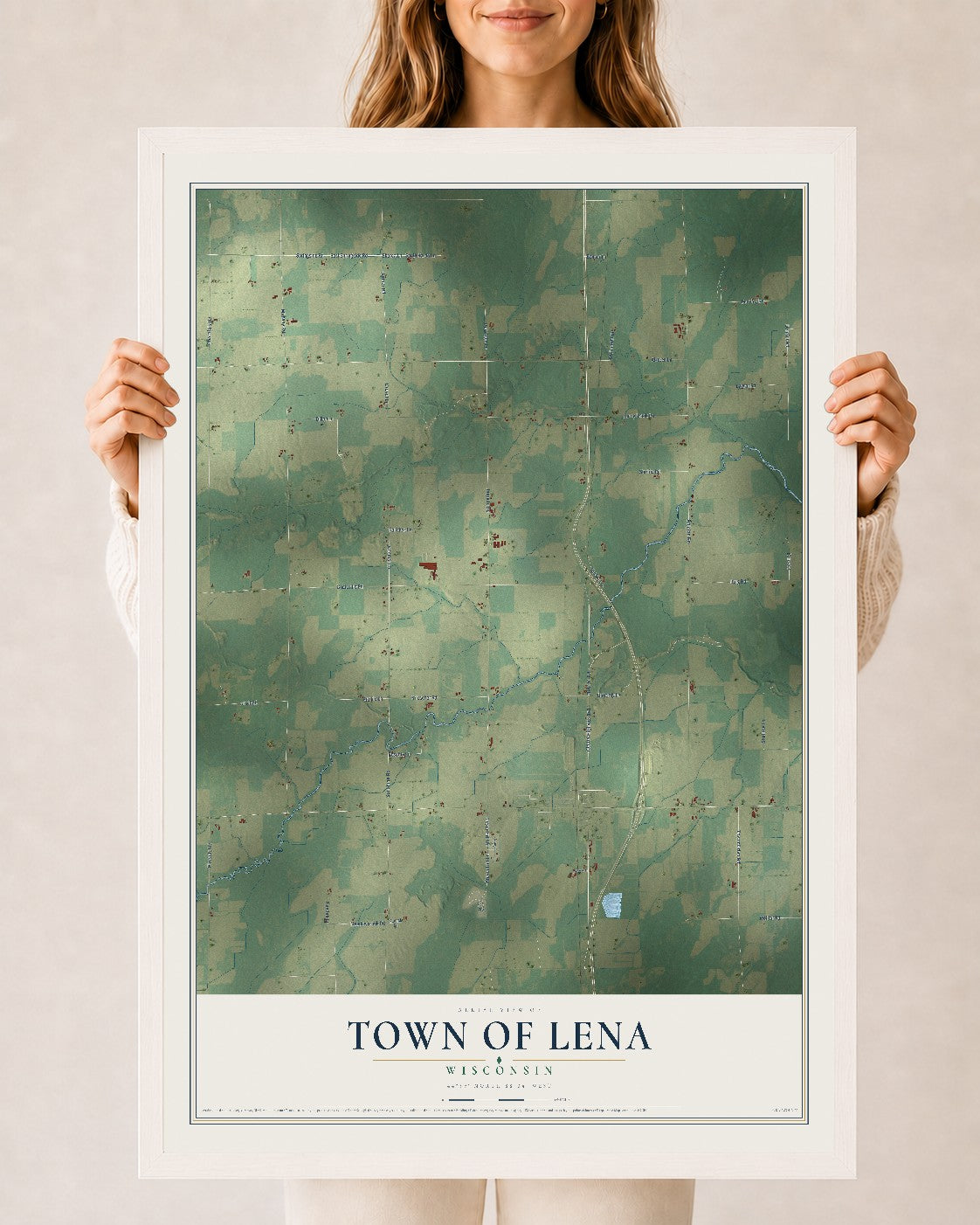 Map of the Town of Lena, Wisconsin, 24 x 36 inch print in a white wood frame