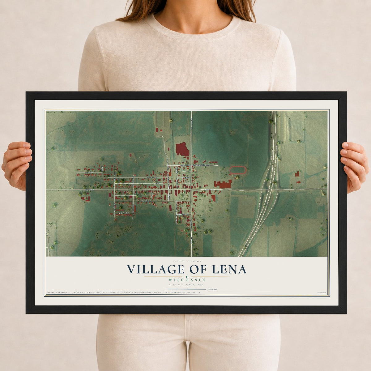 Map of Lena, Wisconsin, 12 x 18 inch print in a black wood frame