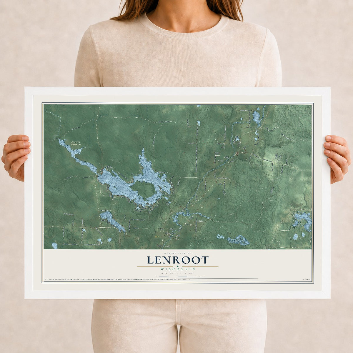 Map of Lenroot, Wisconsin, 12 x 18 inch print in a white wood frame