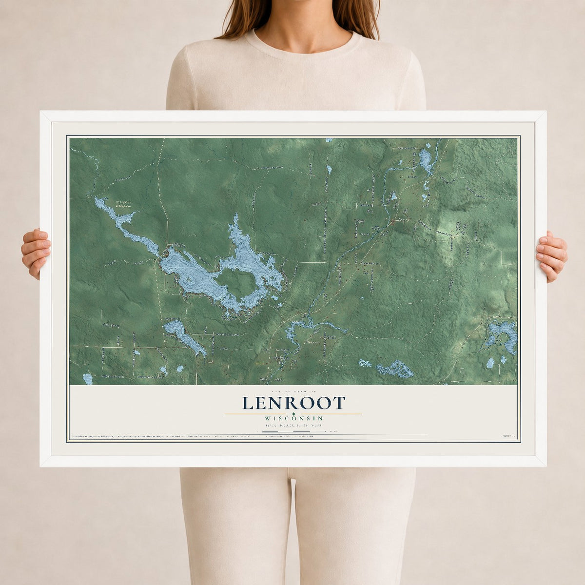 Map of Lenroot, Wisconsin, 24 x 36 inch print in a white wood frame